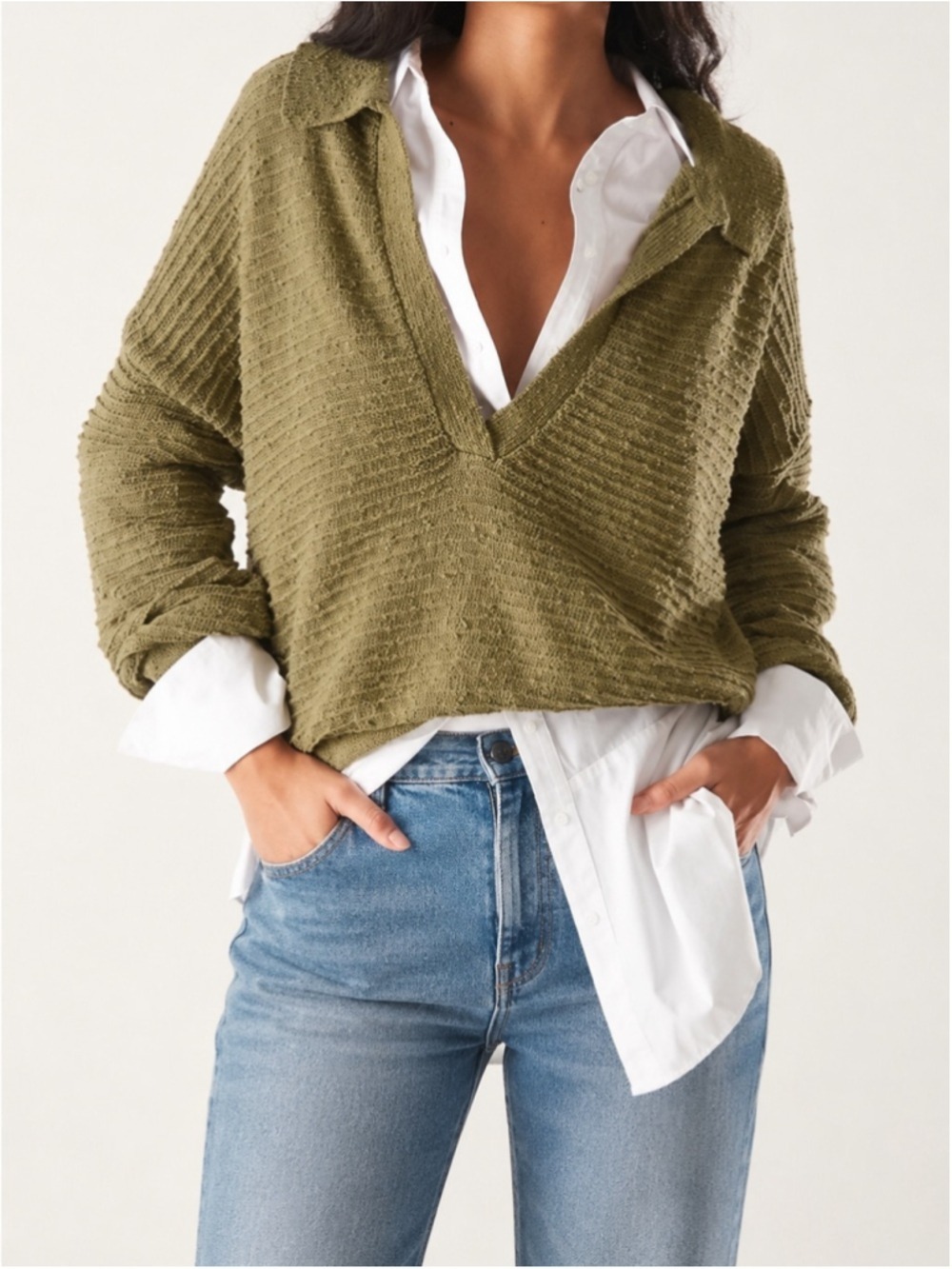 Free People Beach Olive collared Oversized knit top XS Casual All Season Boho